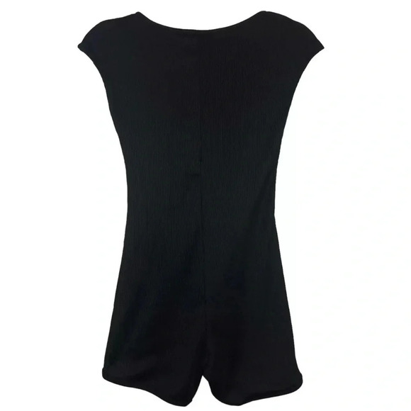Zara Women’s Medium Black Ribbed Romper Black Short Sleeve Plunge Neck - Picture 6 of 7